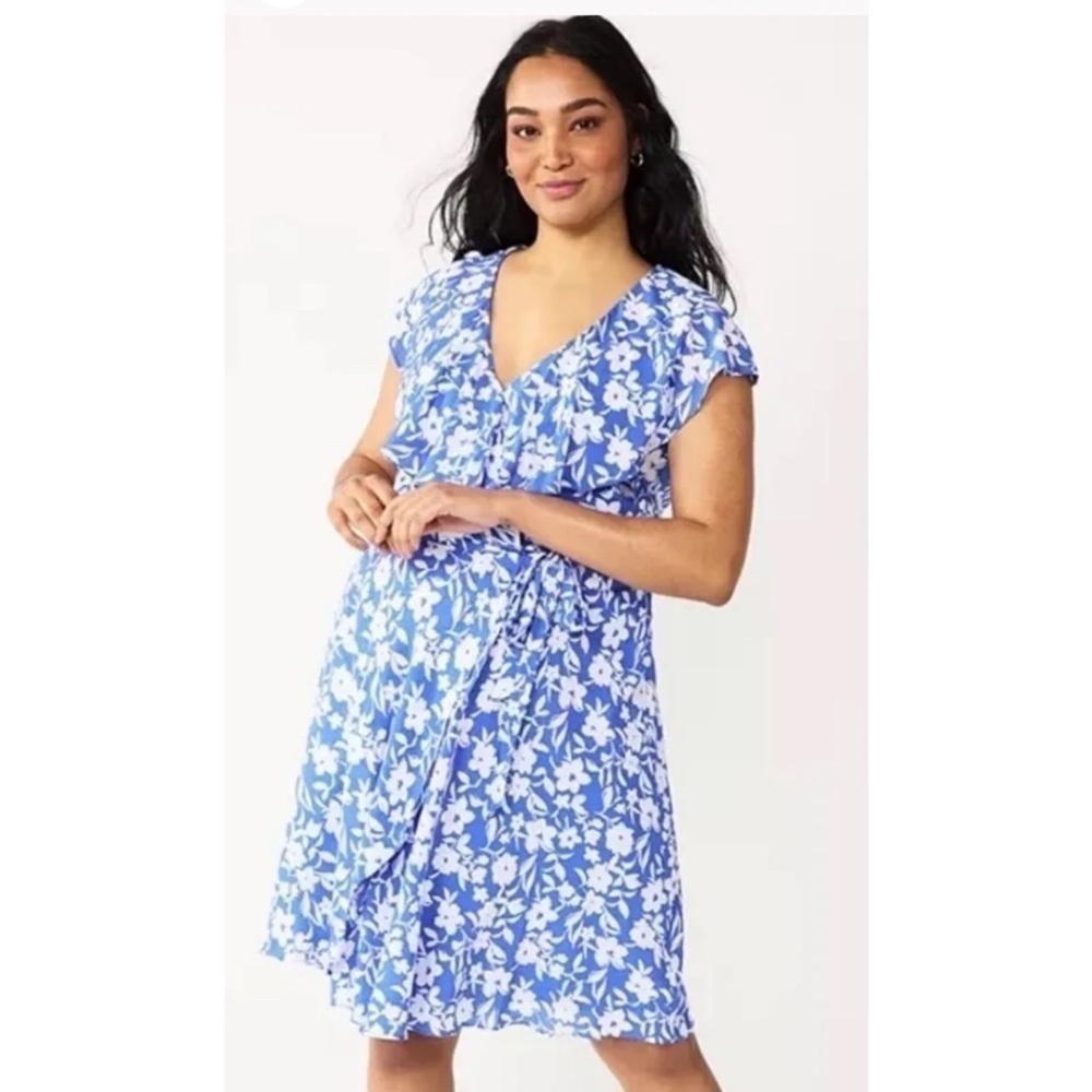 Draper James RSVP Blue White Floral‎ Ruffle Wrap Dress Rayon Lined V Neck Large
